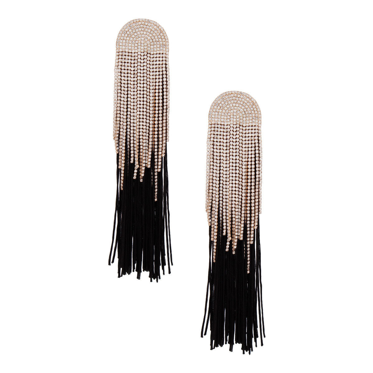 Women's Tassel Earrings Long Shoulder Duster Black Silky Tassel Earrings Featuring Arched Gold and Pave Clear Rhinestone Vintage Art Deco Top Detail with Rhinestone Fringe. Post Backing.