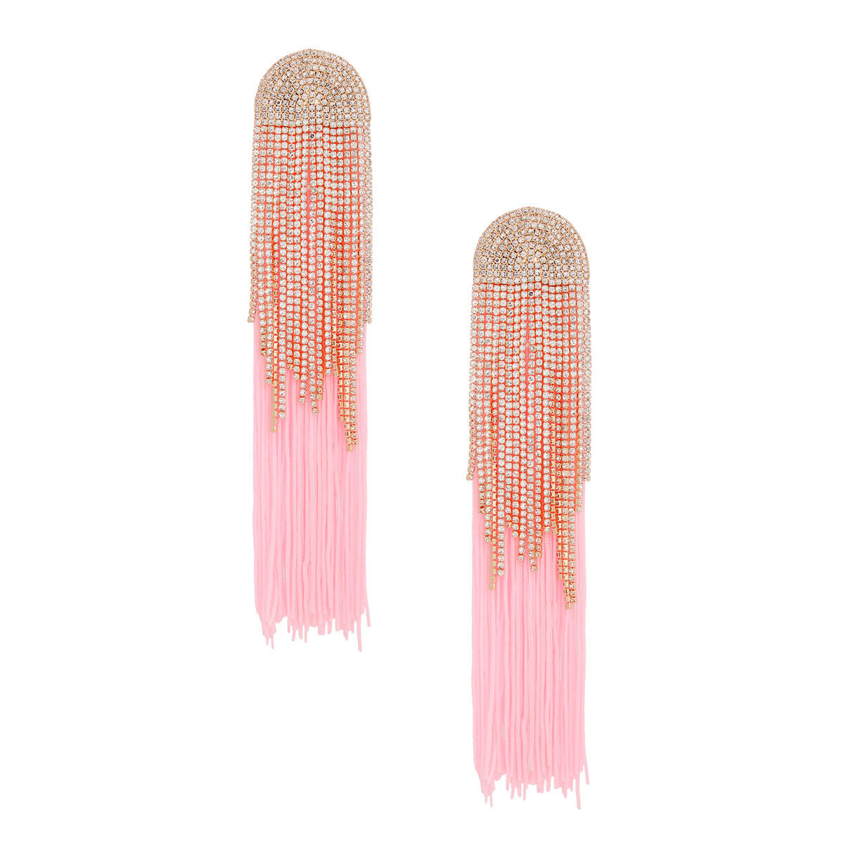 Women's Tassel Earrings Long Shoulder Duster Pink Silky Tassel Earrings Featuring Arched Gold and Pave Clear Rhinestone Vintage Art Deco Top Detail with Rhinestone Fringe. Post Backing.