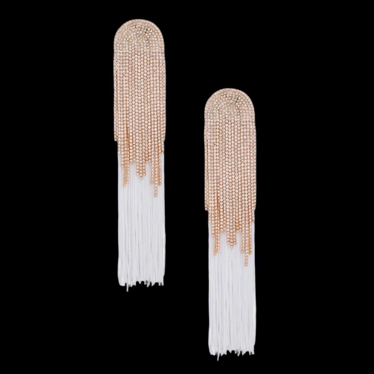 Women's Tassel Earrings Long Shoulder Duster White Silky Tassel Earrings Featuring Arched Gold and Pave Clear Rhinestone Vintage Art Deco Top Detail with Rhinestone Fringe. Post Backing.