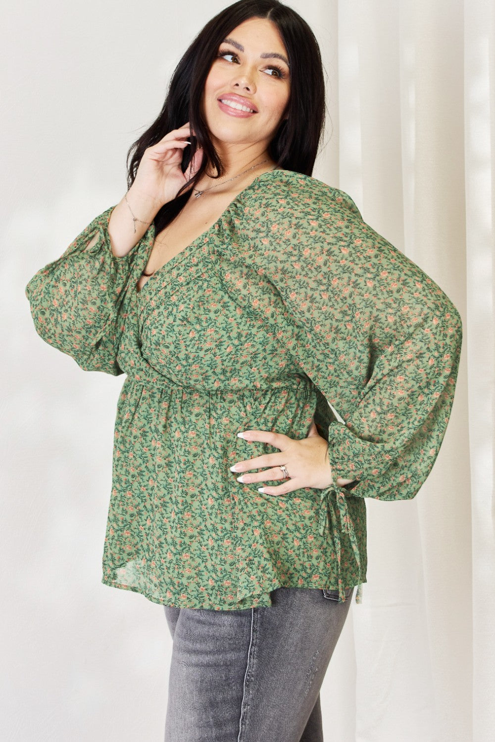 Full Size Floral Surplice Peplum Blouse