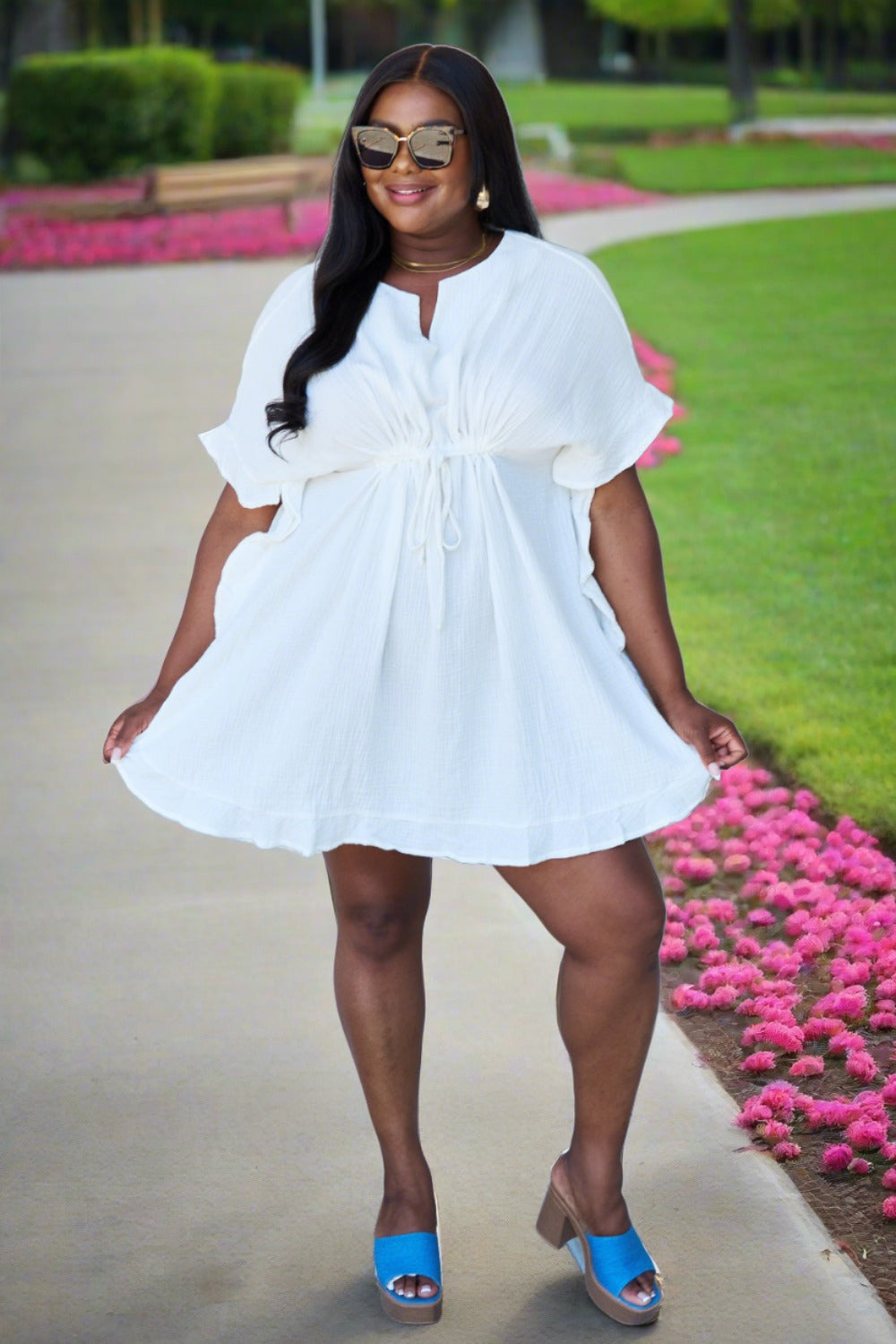 Full Size Ruffle Hem Dress with Drawstring Waistband in White