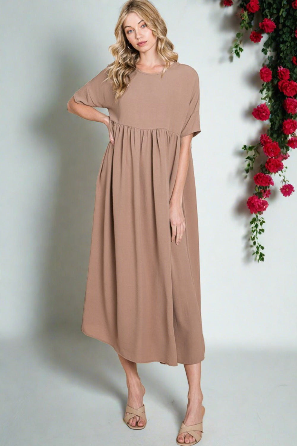 Round Neck Ruched Midi Dress