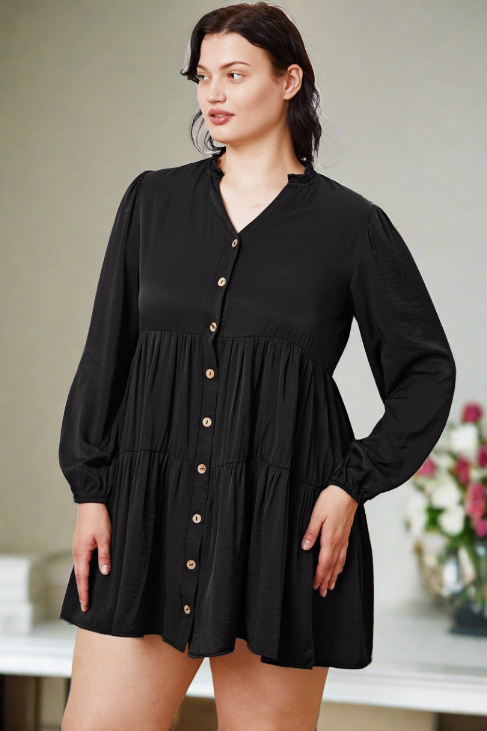 Ruffled Button Up Long Sleeve Tiered Shirt