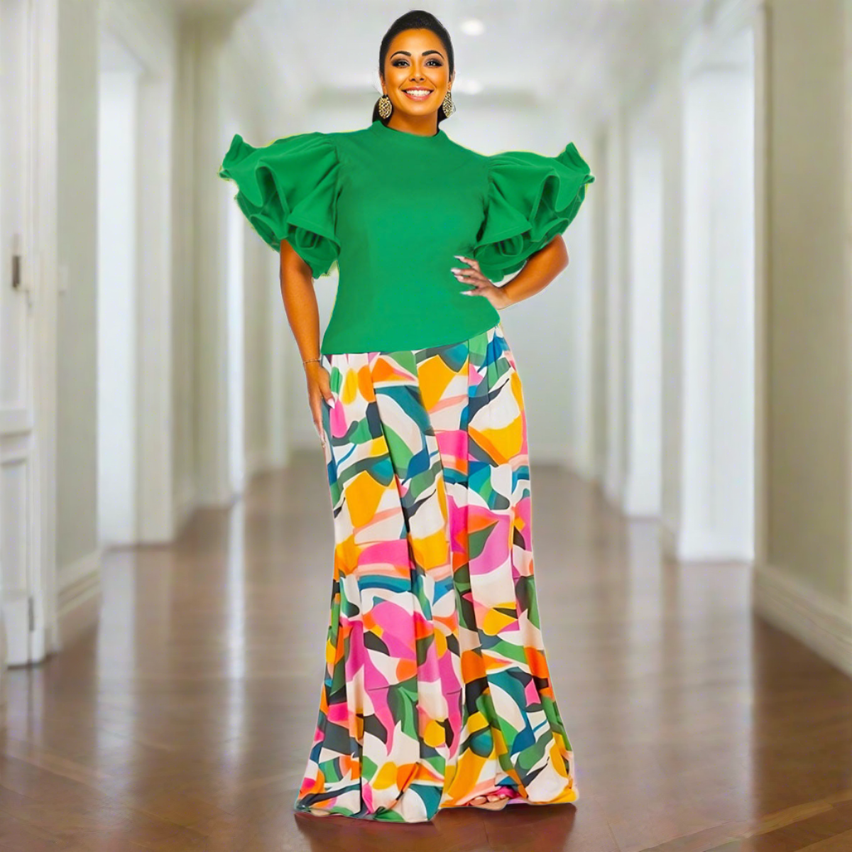 3XL Green Ruffle Geometric Pant Set