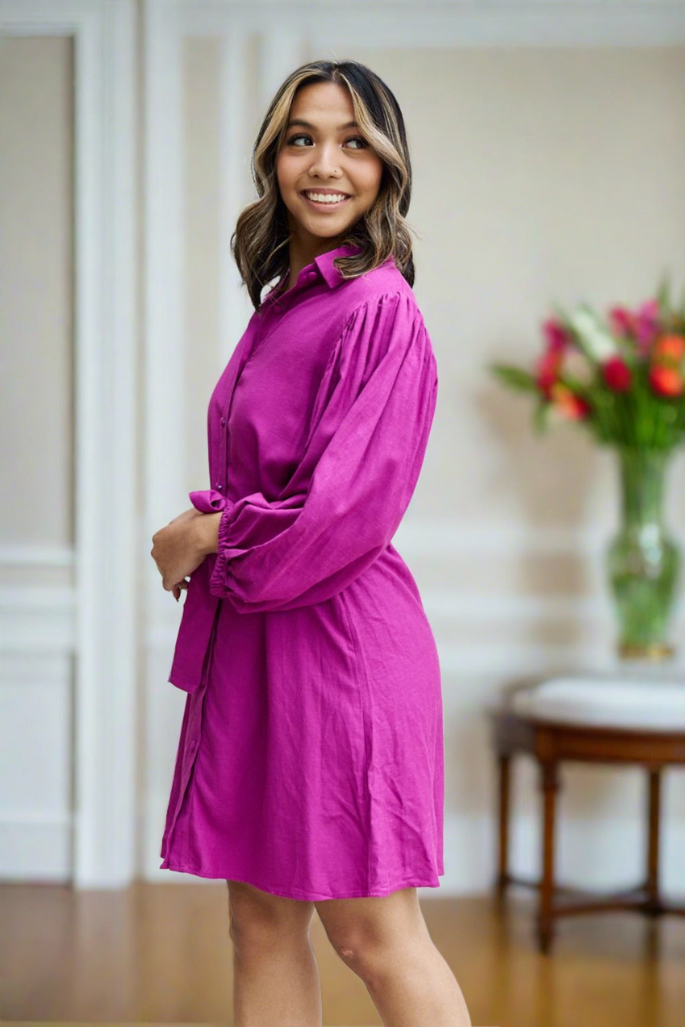 Full Size Half Sleeve Belted Mini Dress in Magenta