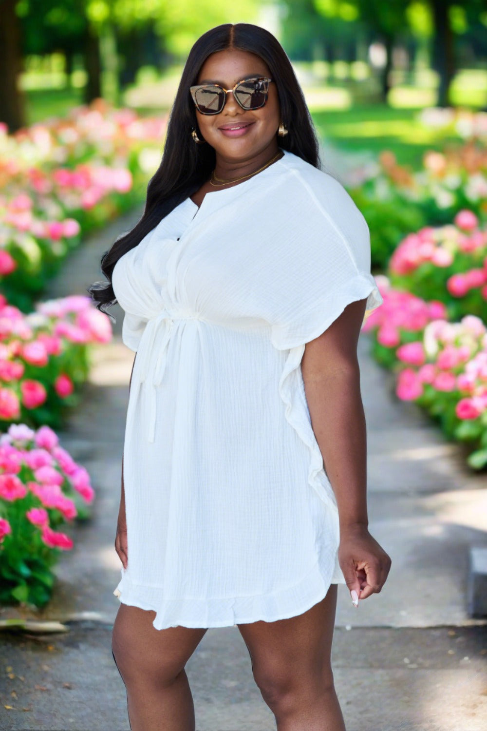 Full Size Ruffle Hem Dress with Drawstring Waistband in White
