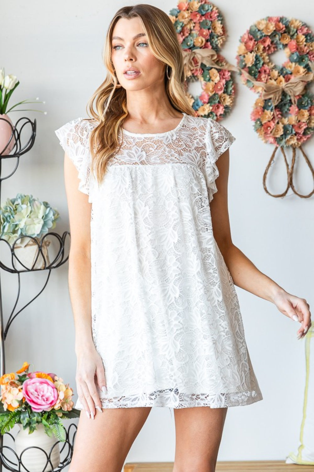 Full Size Round Neck Cap Sleeve Lace Top