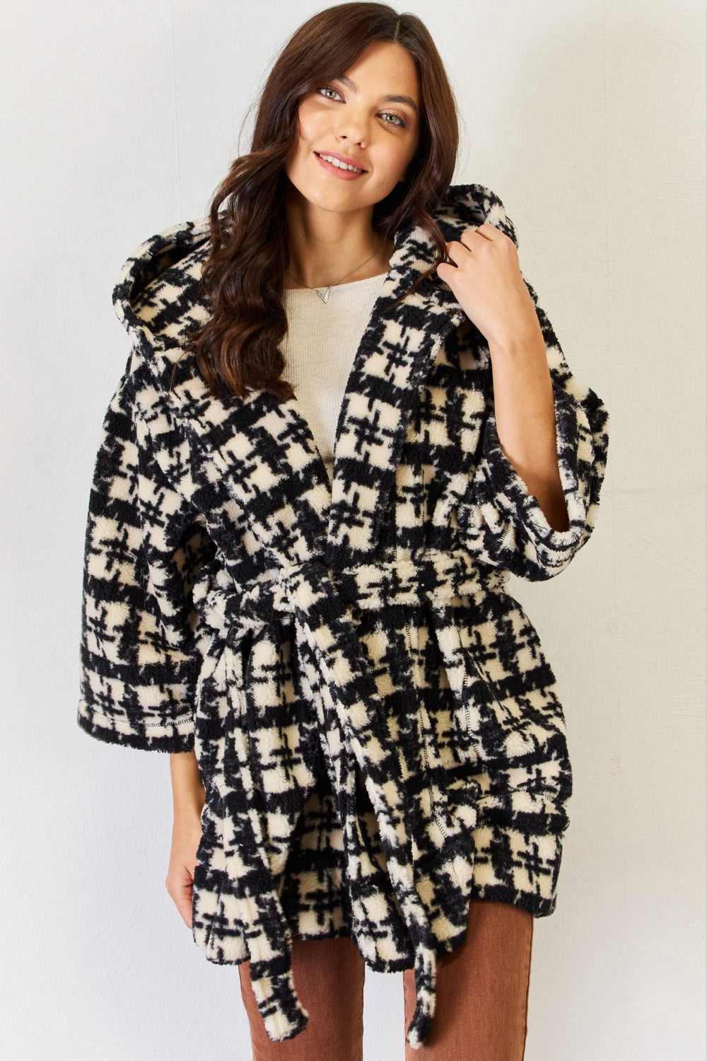 Plaid Waist Tie Hooded Robe Cardigan