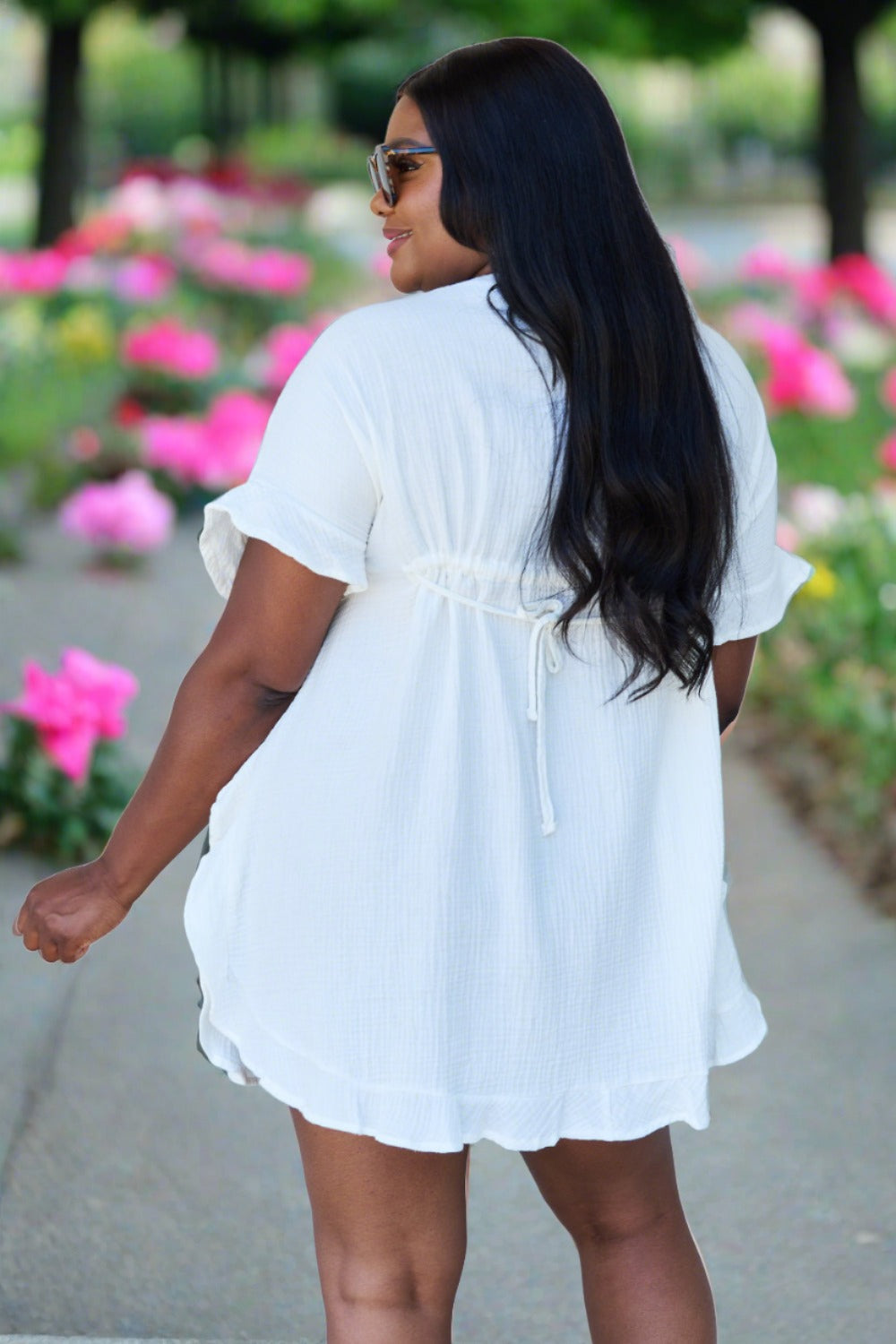 Full Size Ruffle Hem Dress with Drawstring Waistband in White