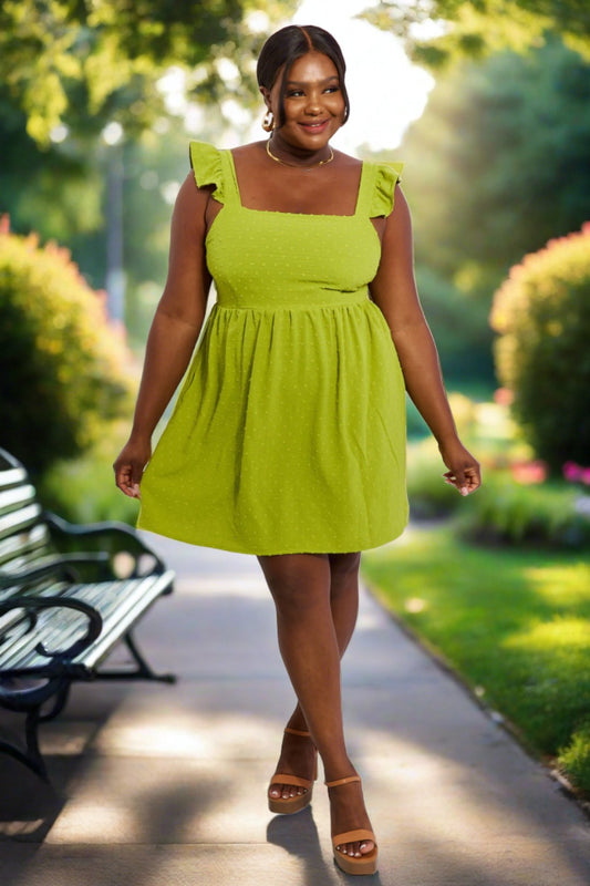 Full Size Empire Line Ruffle Sleeve Dress in Lime