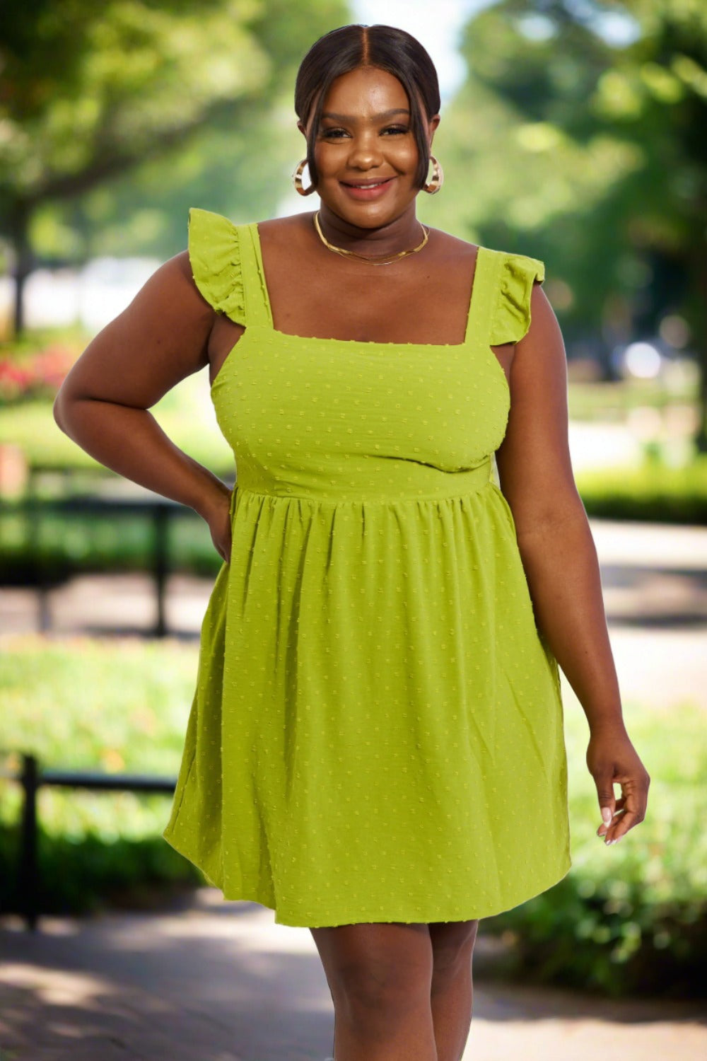 Full Size Empire Line Ruffle Sleeve Dress in Lime