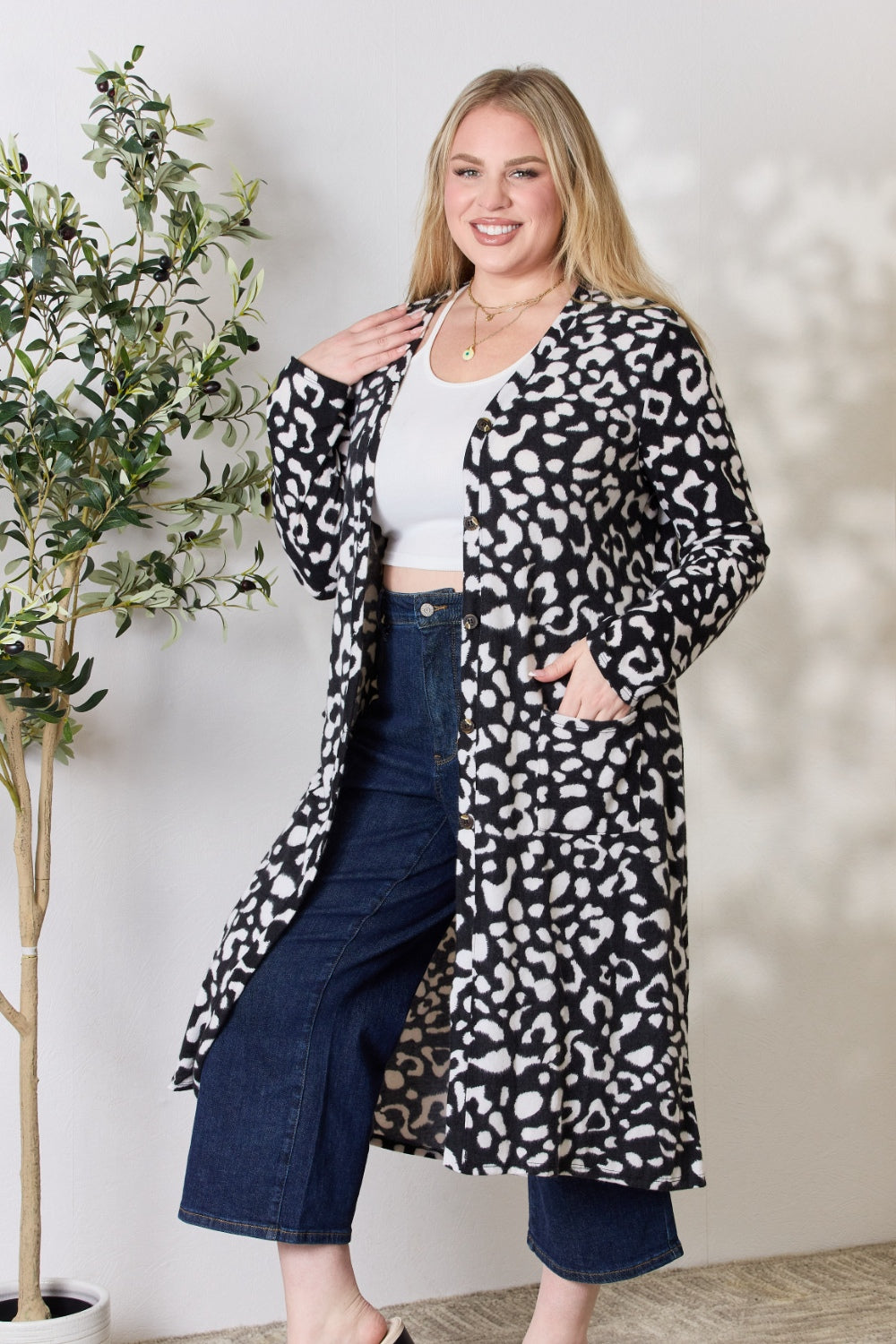 Full Size Animal Print Button Up Long Sleeve Cardigan
