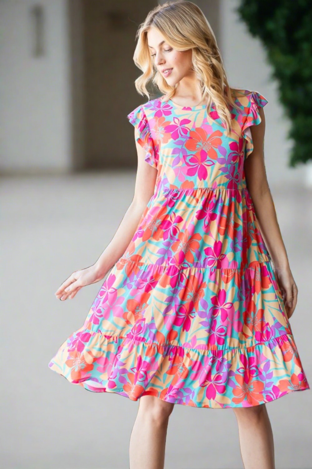 Full Size Floral Cap Sleeve Tiered Dress
