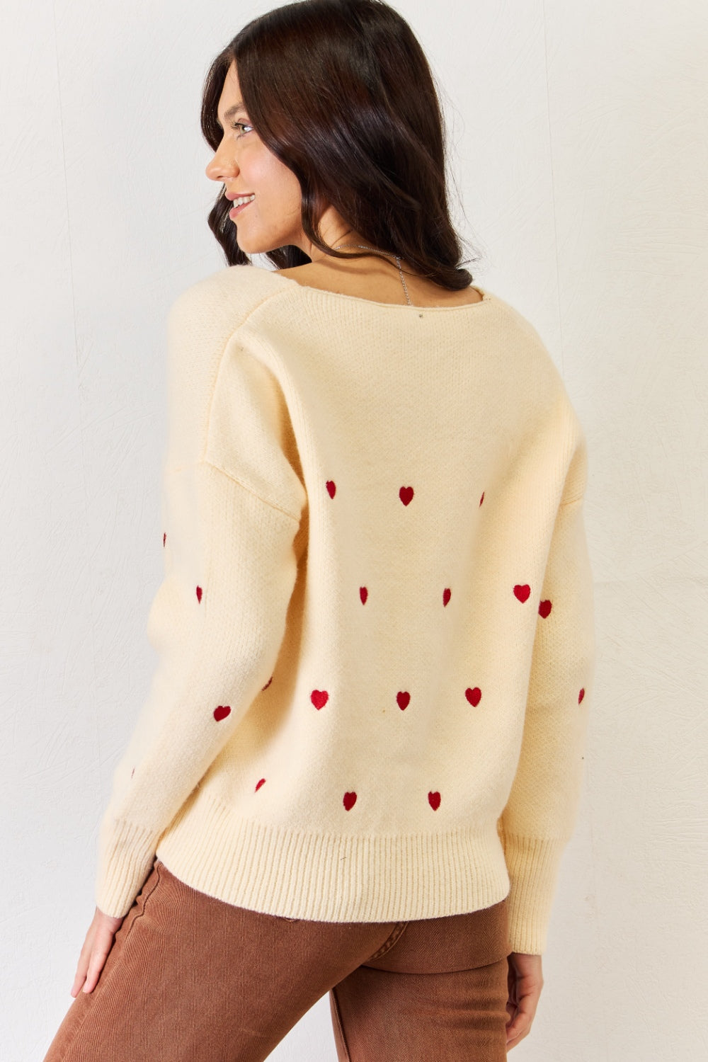 Hearts Pattern V-Neck Sweater