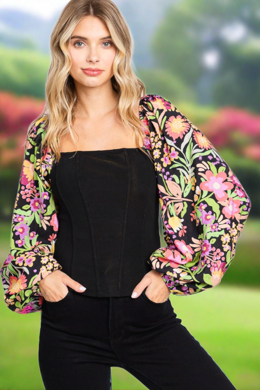 Full Size Floral Balloon Sleeve Blouse