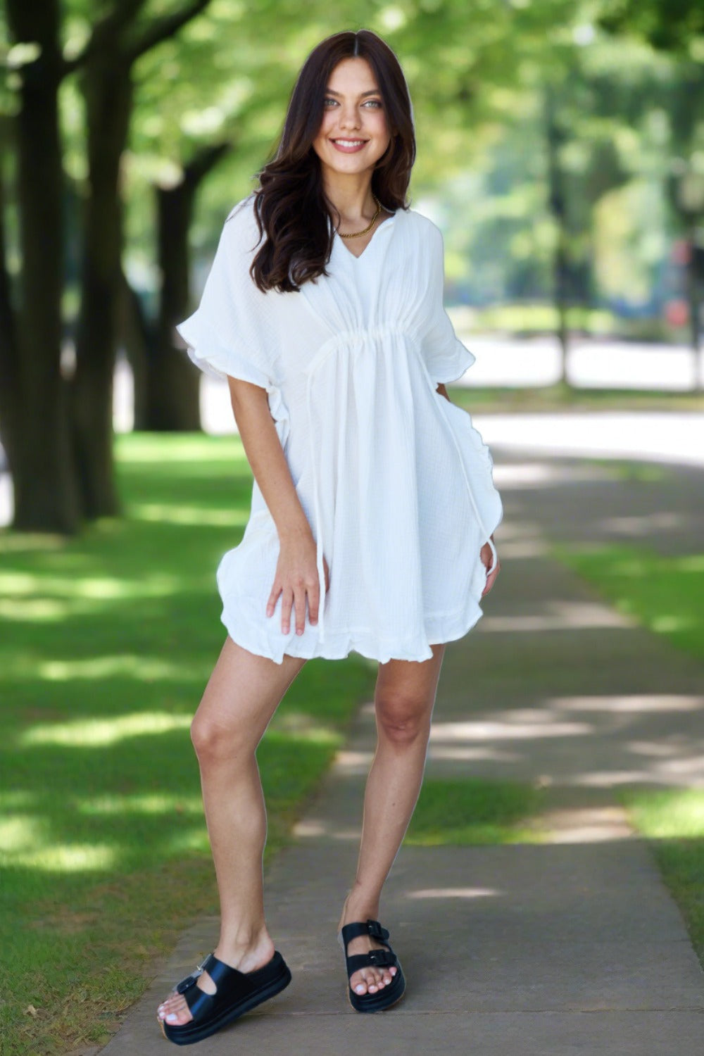 Full Size Ruffle Hem Dress with Drawstring Waistband in White