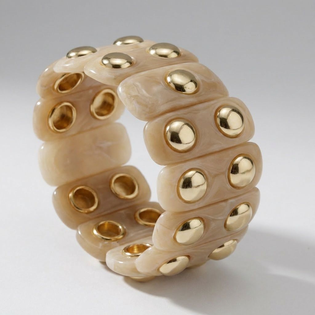 Stretch Vintage Beige Resin and Gold Stud Bracelet