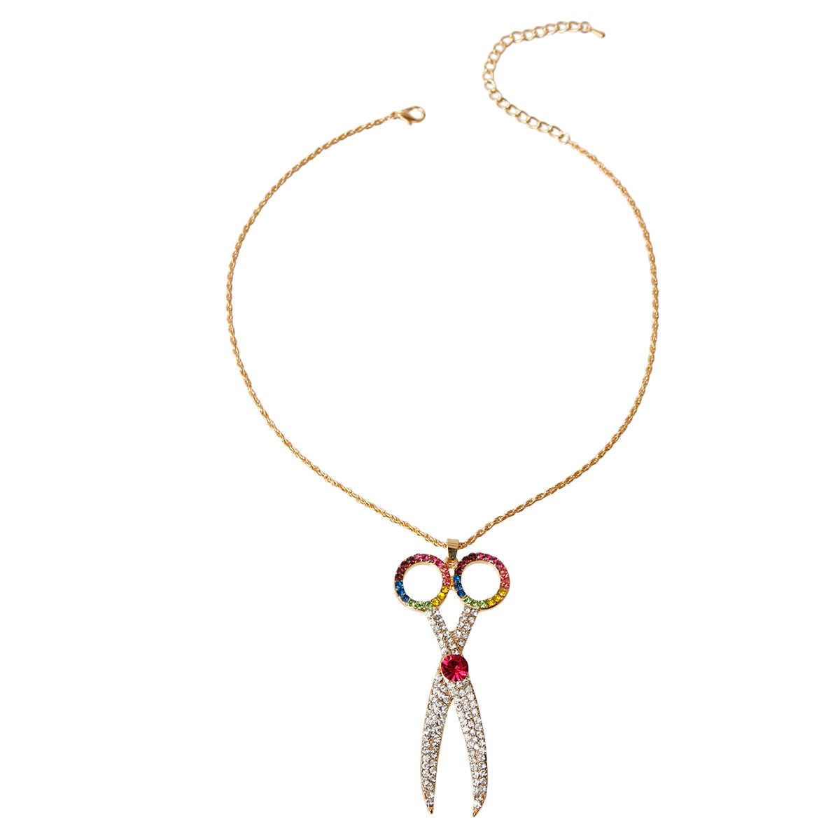 Gold Metal Chain Necklace Featuring Multi Color Rhinestone Scissors Pendant. Pendant measures 3.25 inches long