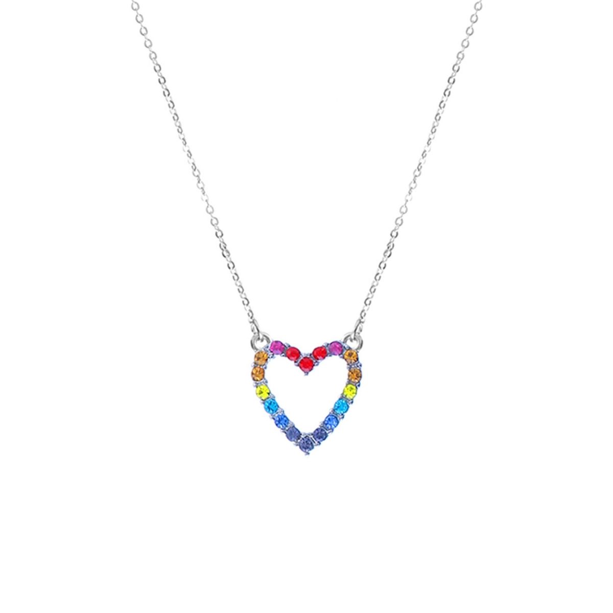 Silver Metal Chain V Necklace Featuring Rainbow Rhinestone Heart Pendant. Pendant measures .55" x .58