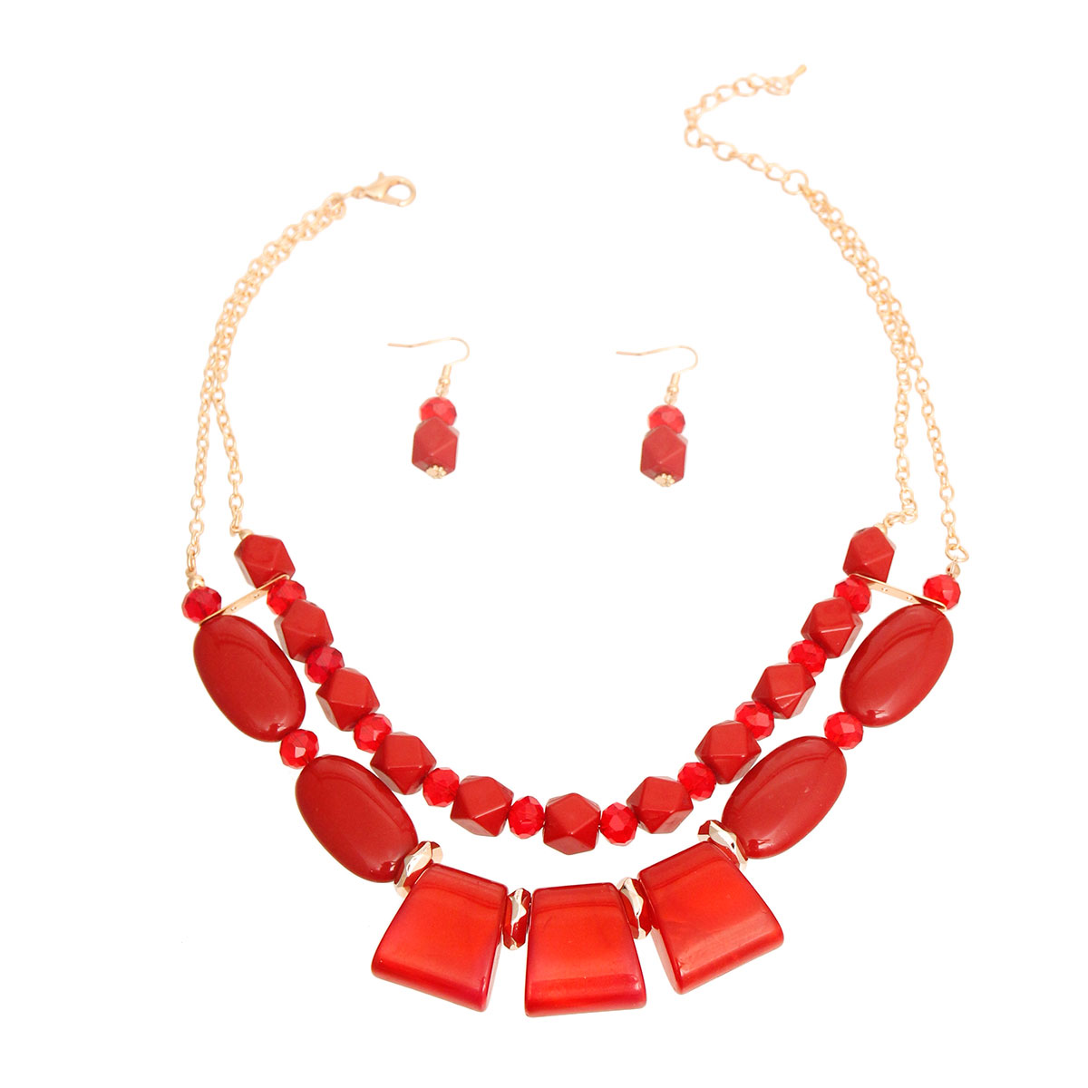 Multi textured double layered statement red wine necklace set. 18 inches.