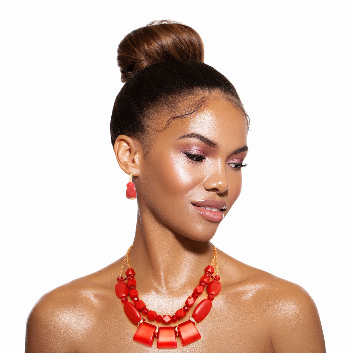 Multi textured double layered statement red wine necklace set. 18 inches.