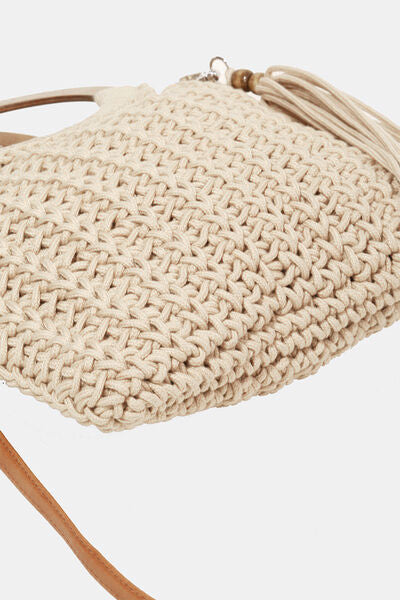 Crochet Knit Convertible Tote Bag with Tassel