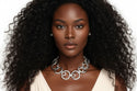 Women's Chain Necklace Set. Edgy Sculptural Chunky Silver Metal Round Link Chain Necklace Featuring Raised Geometric Triangle Overlay. 