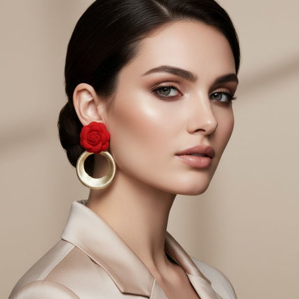 Women's Drop Earrings. Eye-Catching Drop Earrings Featuring a Vibrant Red Felt Fabric Rose Flower with Dimensional Petals Paired with a Sleek Gold Metal Ribbed Texture Ring Drop Detail. Modern and Charming. Post Backing.