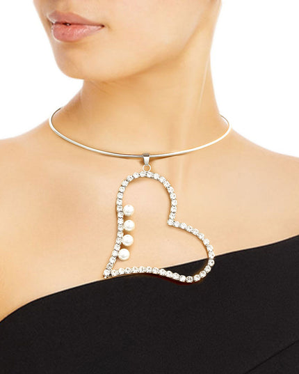Silver Pearl Rhinestone Heart Choker