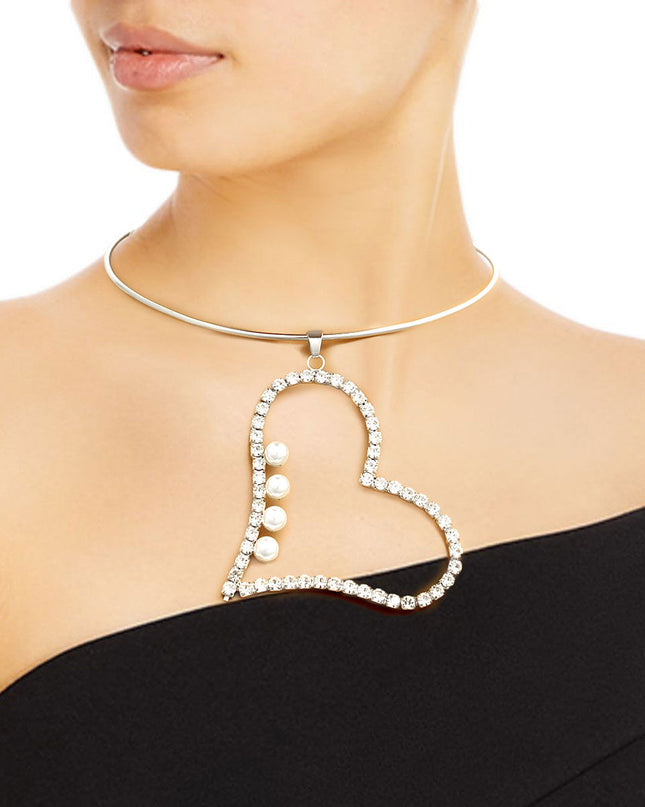 Silver Pearl Rhinestone Heart Choker