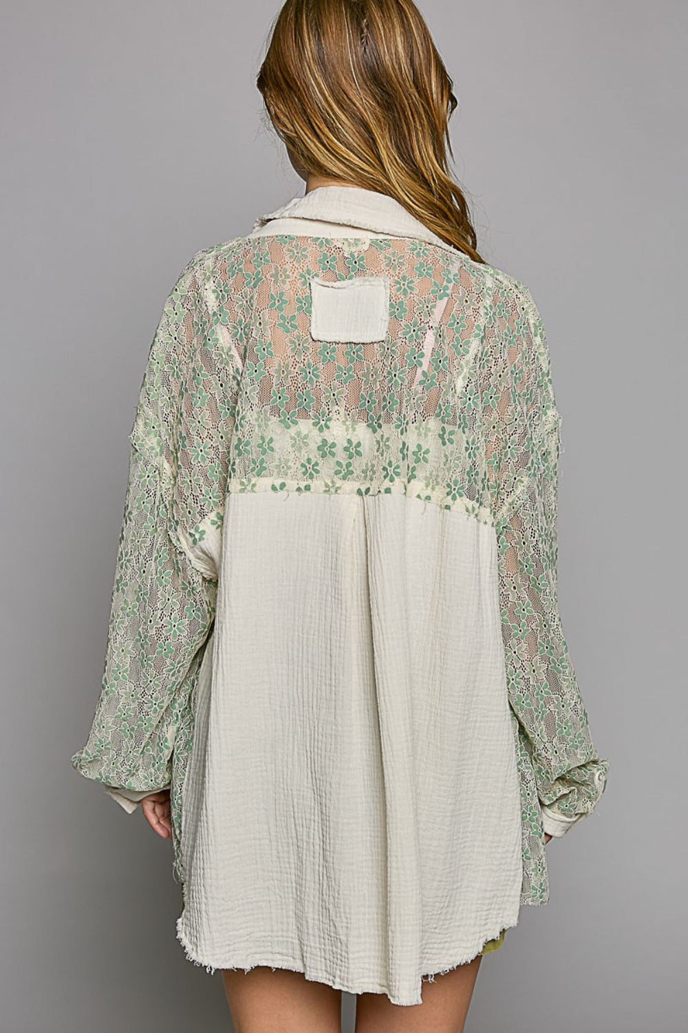 Oversize Pocket Front Lace Button-Down Shirt