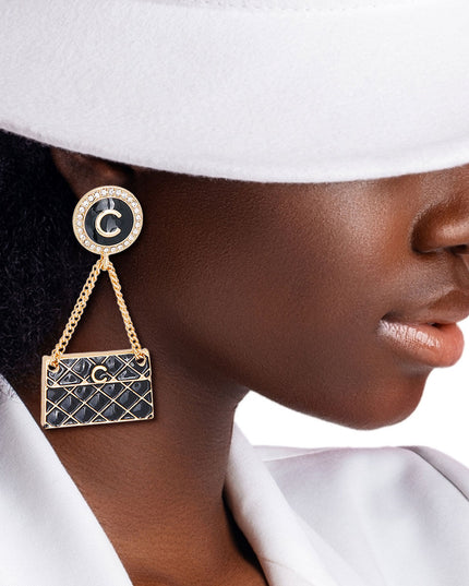 Black Quilted Bag Gold Earrings