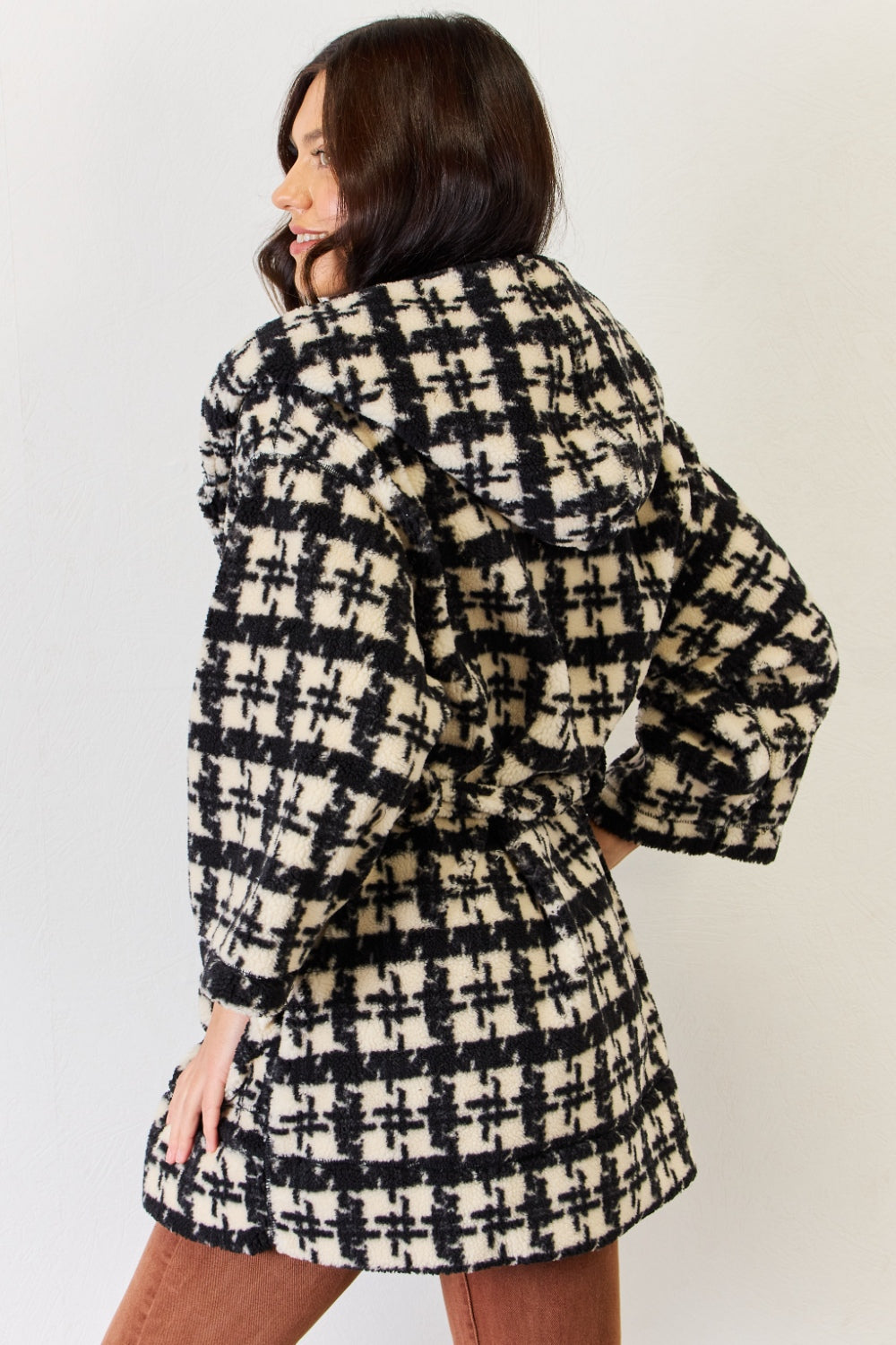 Plaid Waist Tie Hooded Robe Cardigan