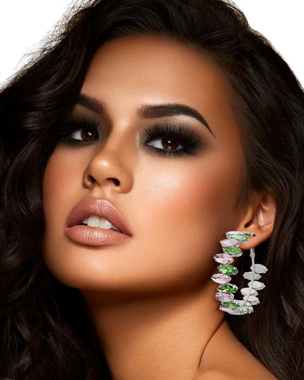 AKA Pink Green Marquise Glass Crystal Hoops