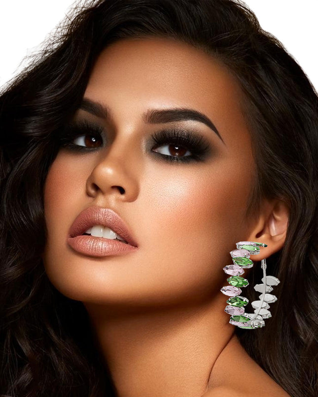 AKA Pink Green Marquise Glass Crystal Hoops