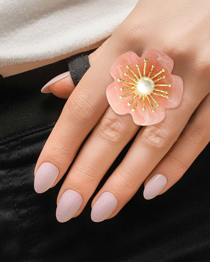 Marbled Pink Flower Gold Ring