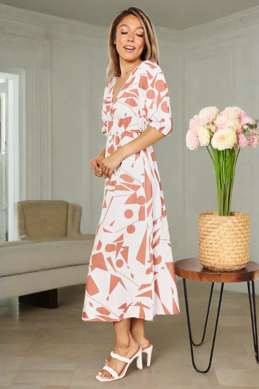 Printed Surplice Balloon Sleeve Dress