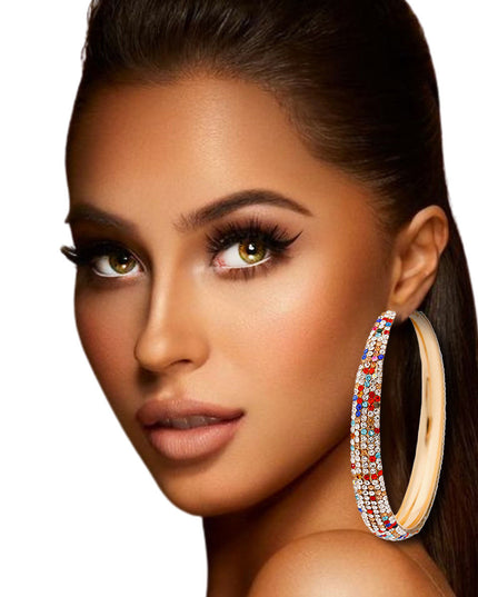 Multi Color Rhinestone Lines Gold Hoops