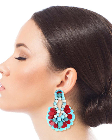 Blue Beaded Sequin Fan Tassel Earrings
