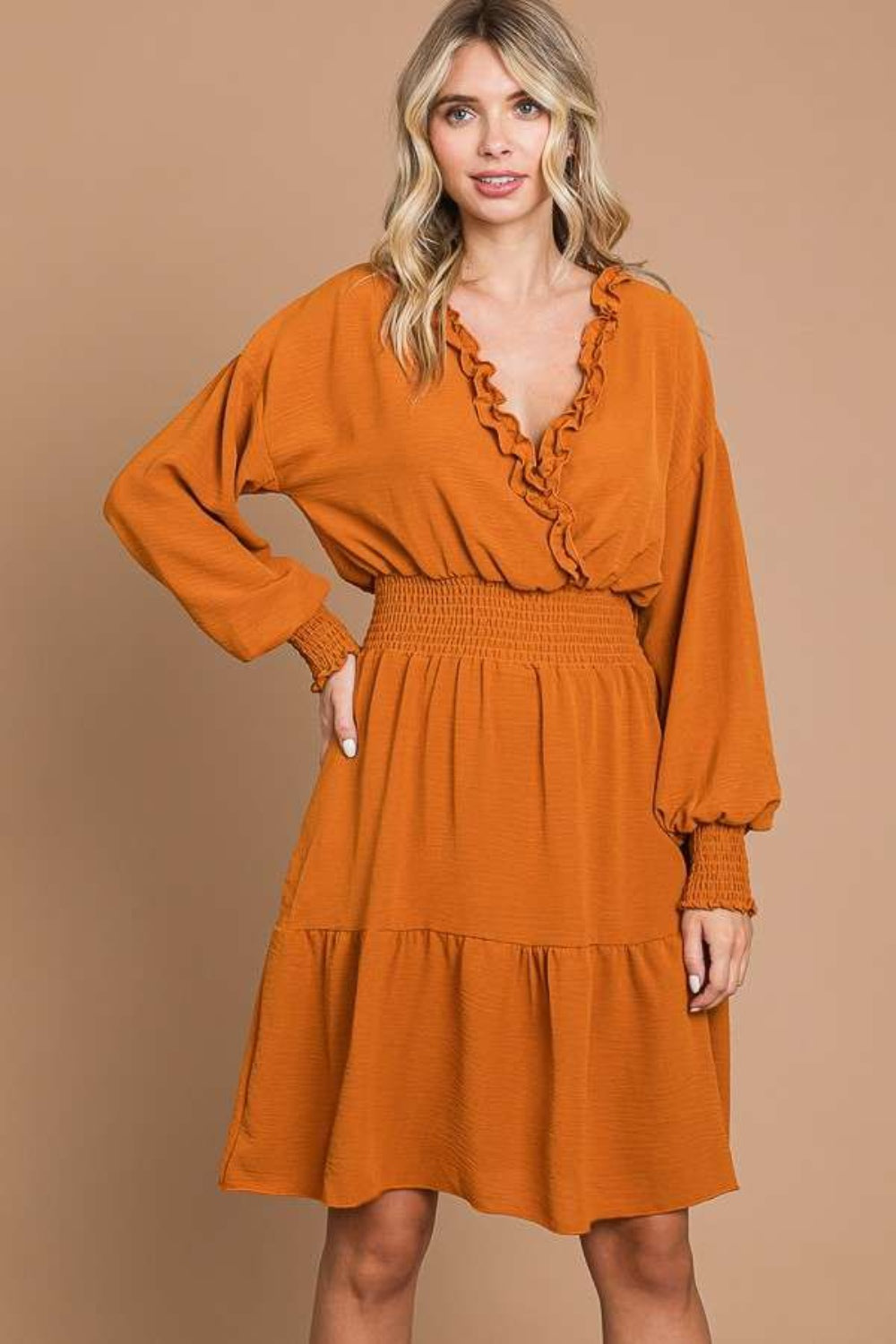 Full Size Frill Smocked Lantern Sleeve Mini Dress