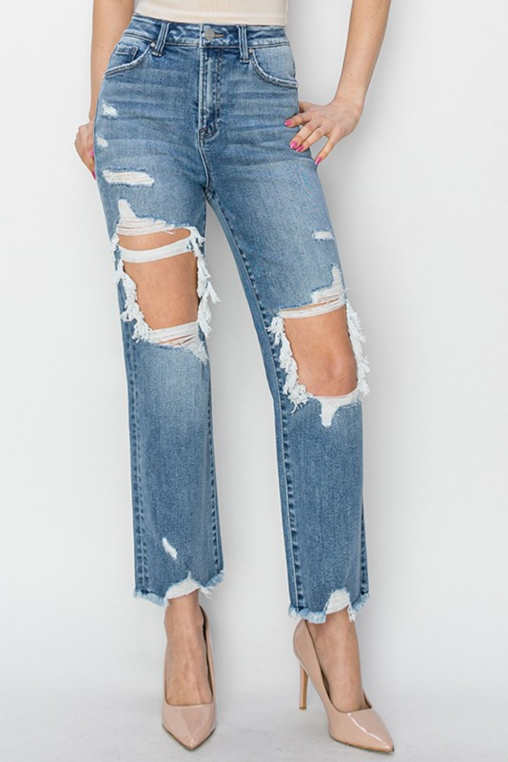 High Rise Distressed Crop Straight Jeans
