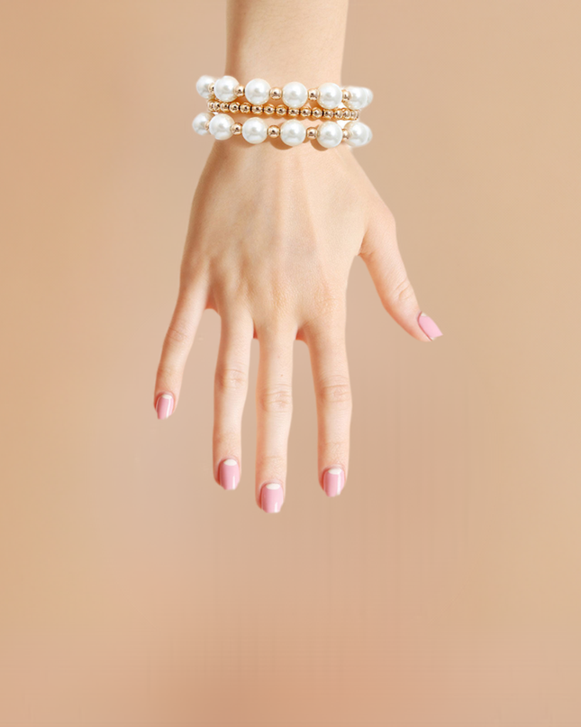 3 Pcs Stretch Bracelet Set Featuring Cream Pearls and Gold Metal Ball Beads.