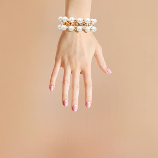 3 Pcs Stretch Bracelet Set Featuring Cream Pearls and Gold Metal Ball Beads.