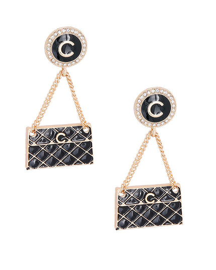 Black Quilted Bag Gold Earrings