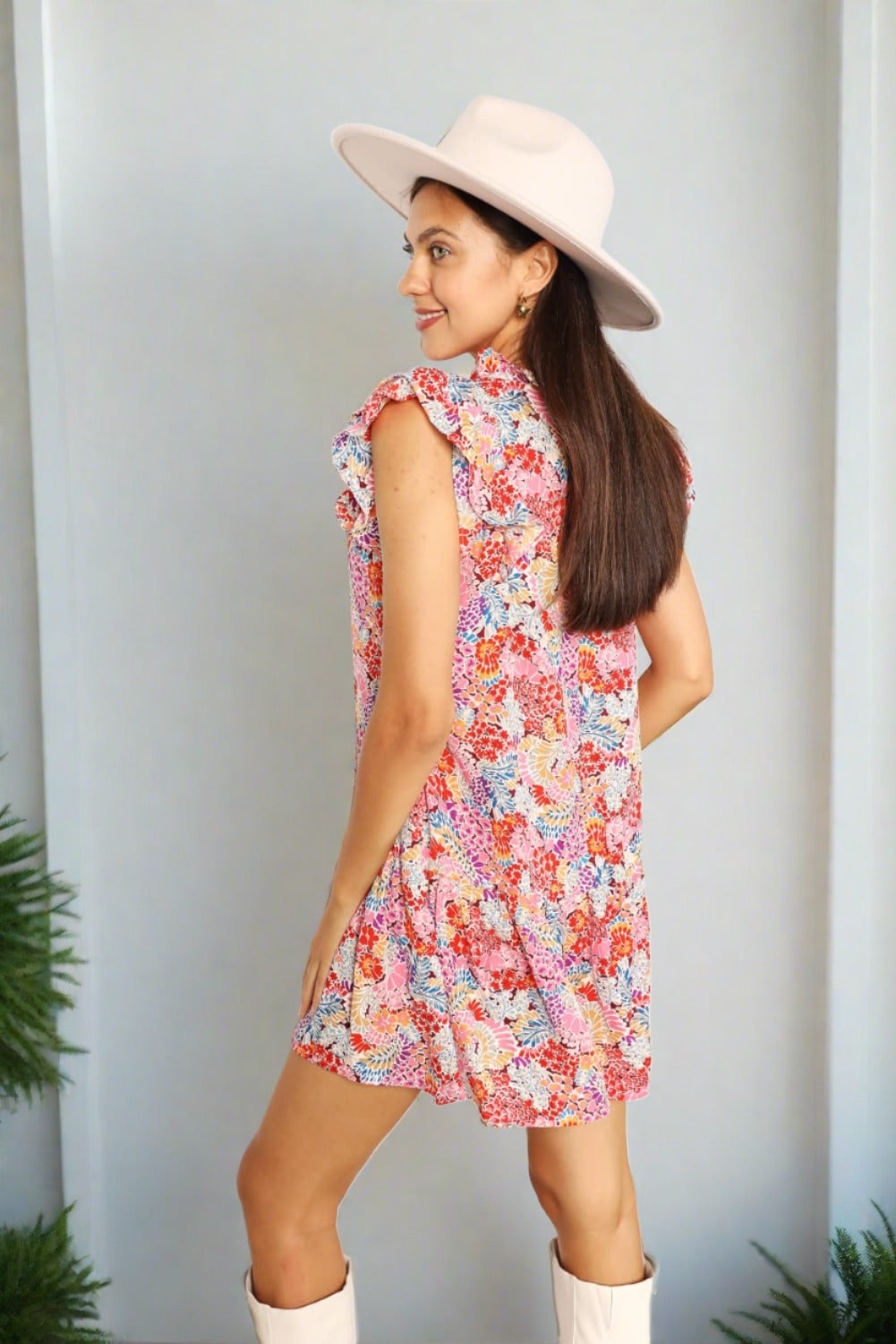 Floral Tie Neck Cap Sleeve Dress