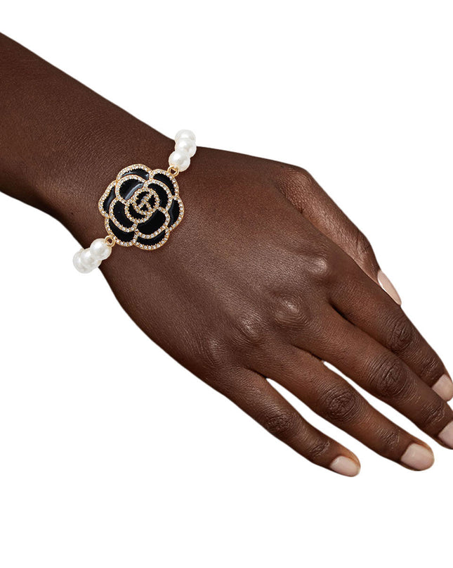 Black Coco Camellia Flower Pearl Bracelet