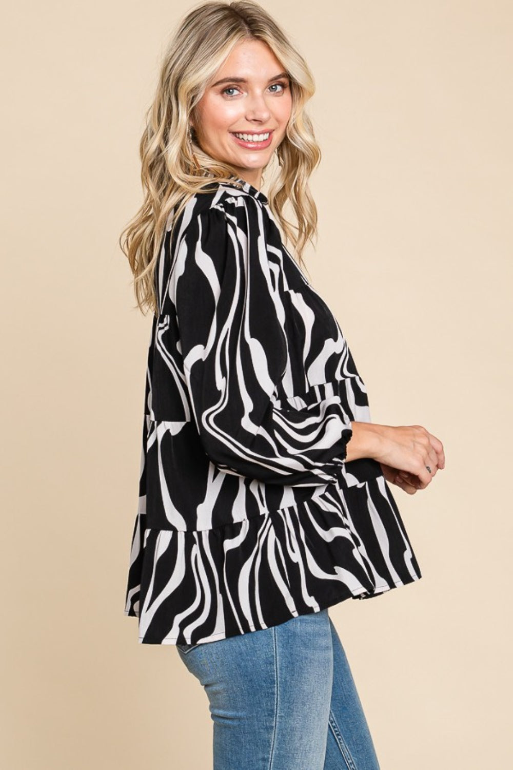 Printed Smock Neck Tiered Blouse