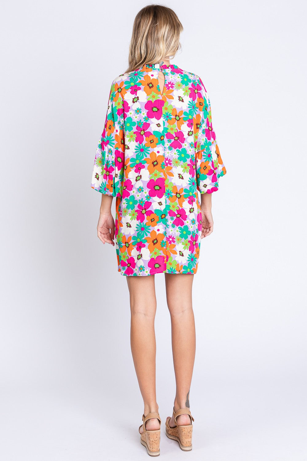 Full Size Floral Round Neck Lantern Sleeve Mini Dress