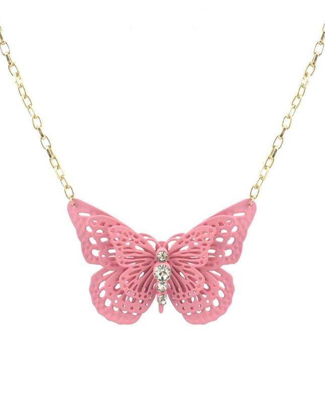 Pink 3D Butterfly Pendant Necklace
