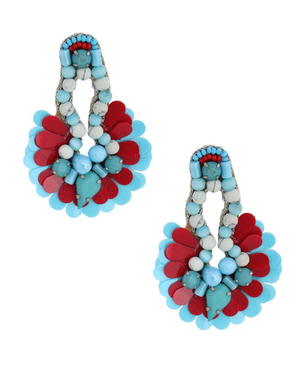 Blue Beaded Sequin Fan Tassel Earrings